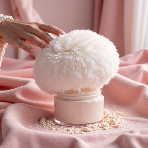 Close-up of Tioncy crystal powder puff container with soft velour puff inside, clear transparent case