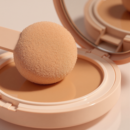 Tioncy powder puff being used on face, showing soft application of makeup